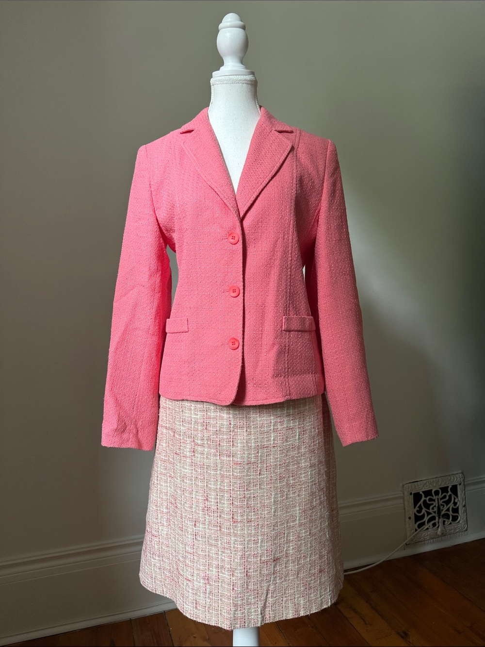 CLEO Vintage Pink Tweed Preppy Careerwear Wedding Two Piece Skirt Suit Sz 10